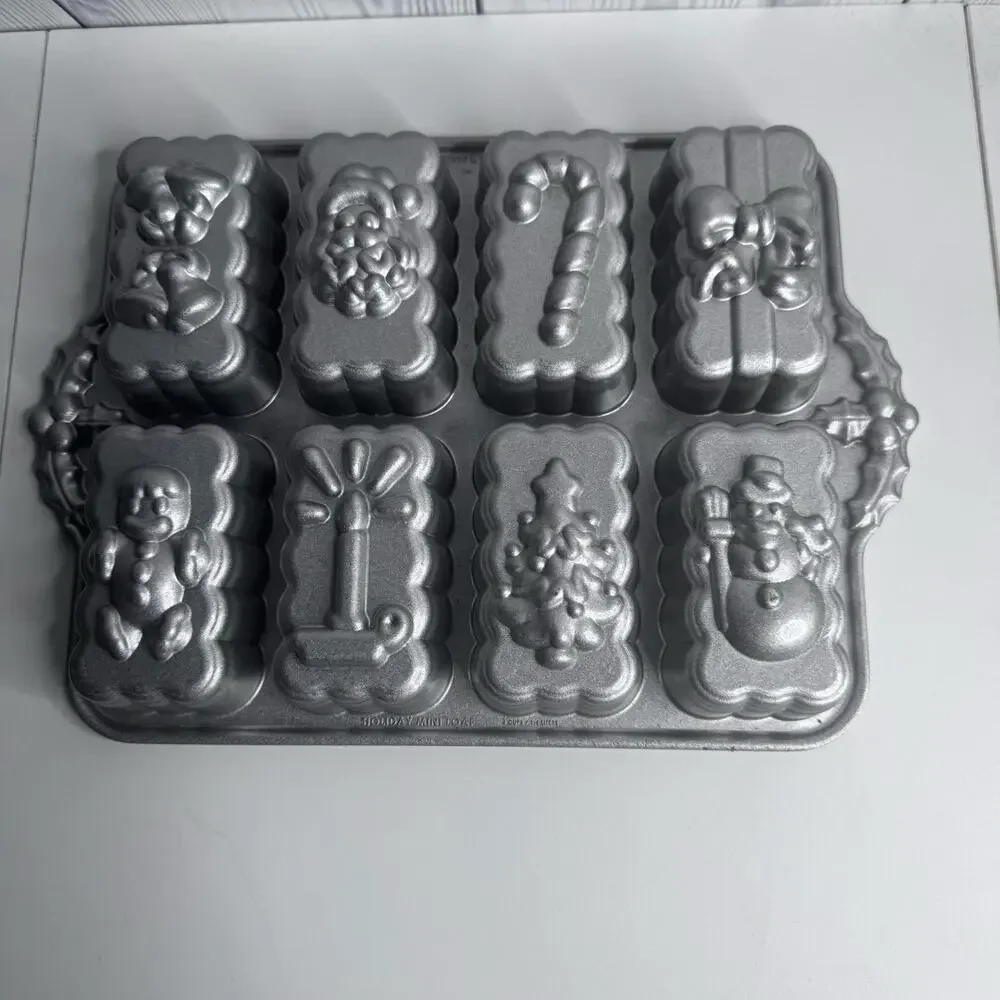 Nordic Ware Holiday Mini Loaf Baking Pan Santa Snowman Candle Christmas 8 Cup